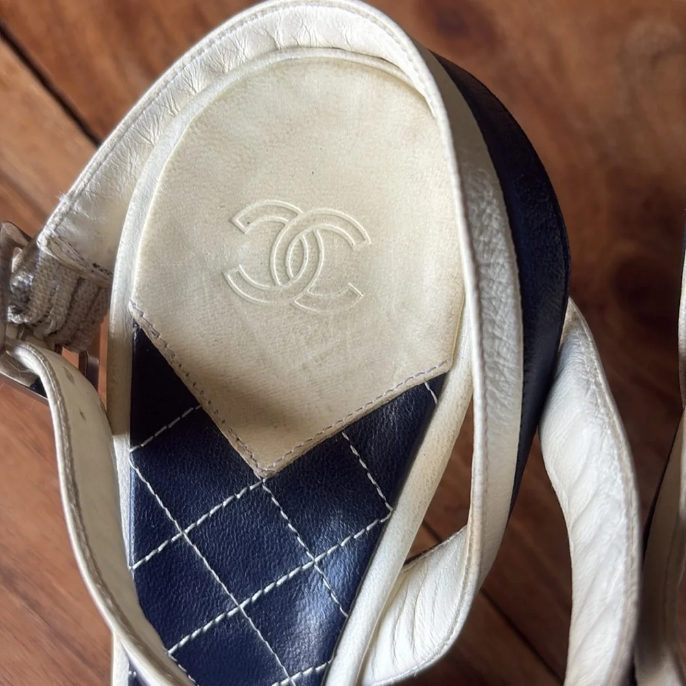 CHANEL Cream and Navy Quilted Ankle-Strap Sandals